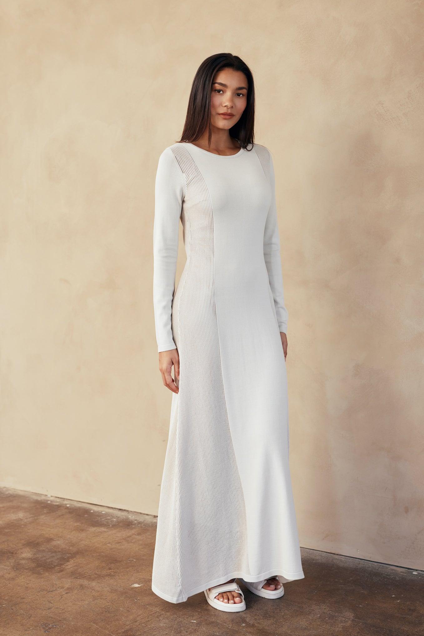 Riley Flat Knit Crochet Long Sleeve Maxi Dress