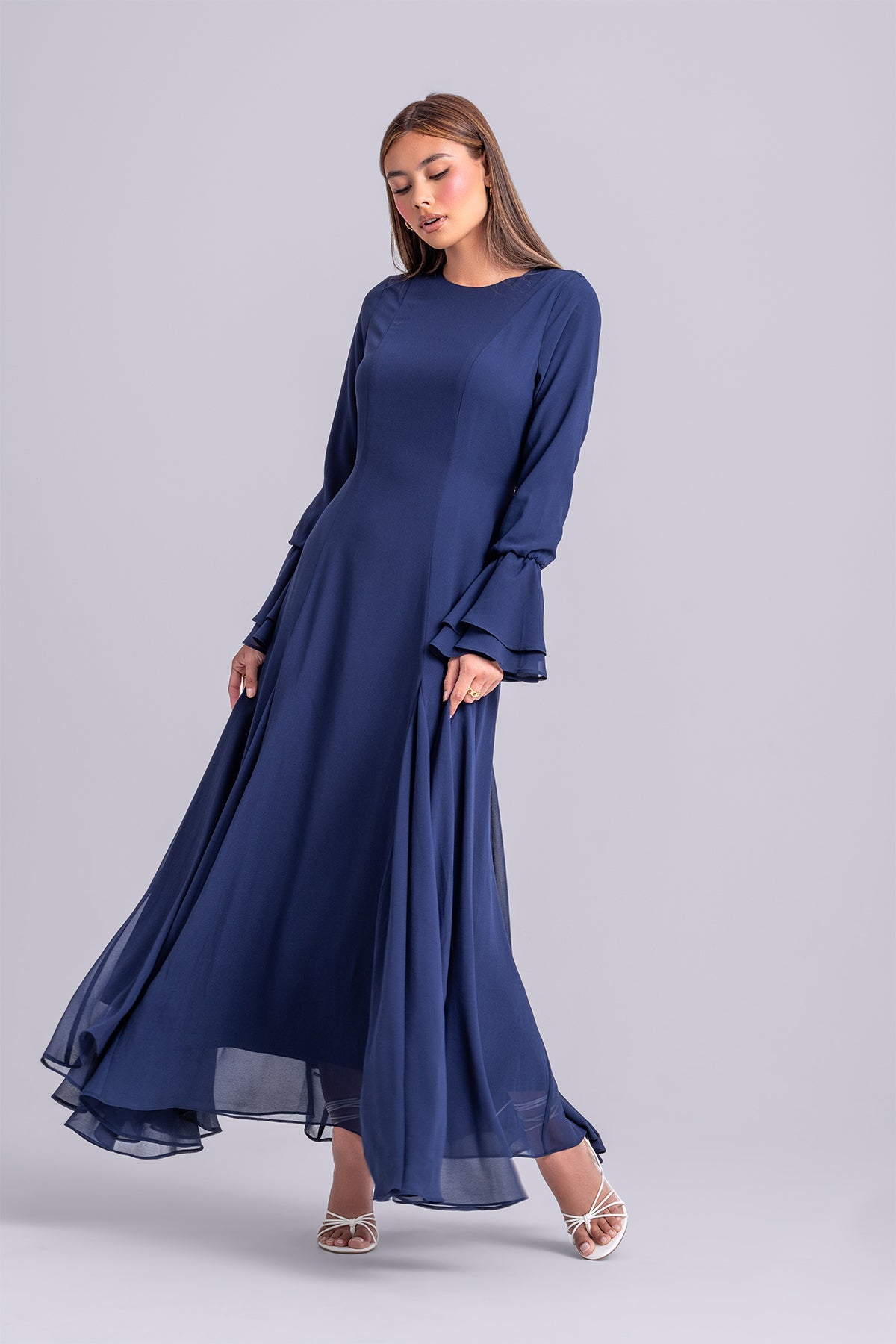 Dana Chiffon Ruffle Maxi Dress- Navy