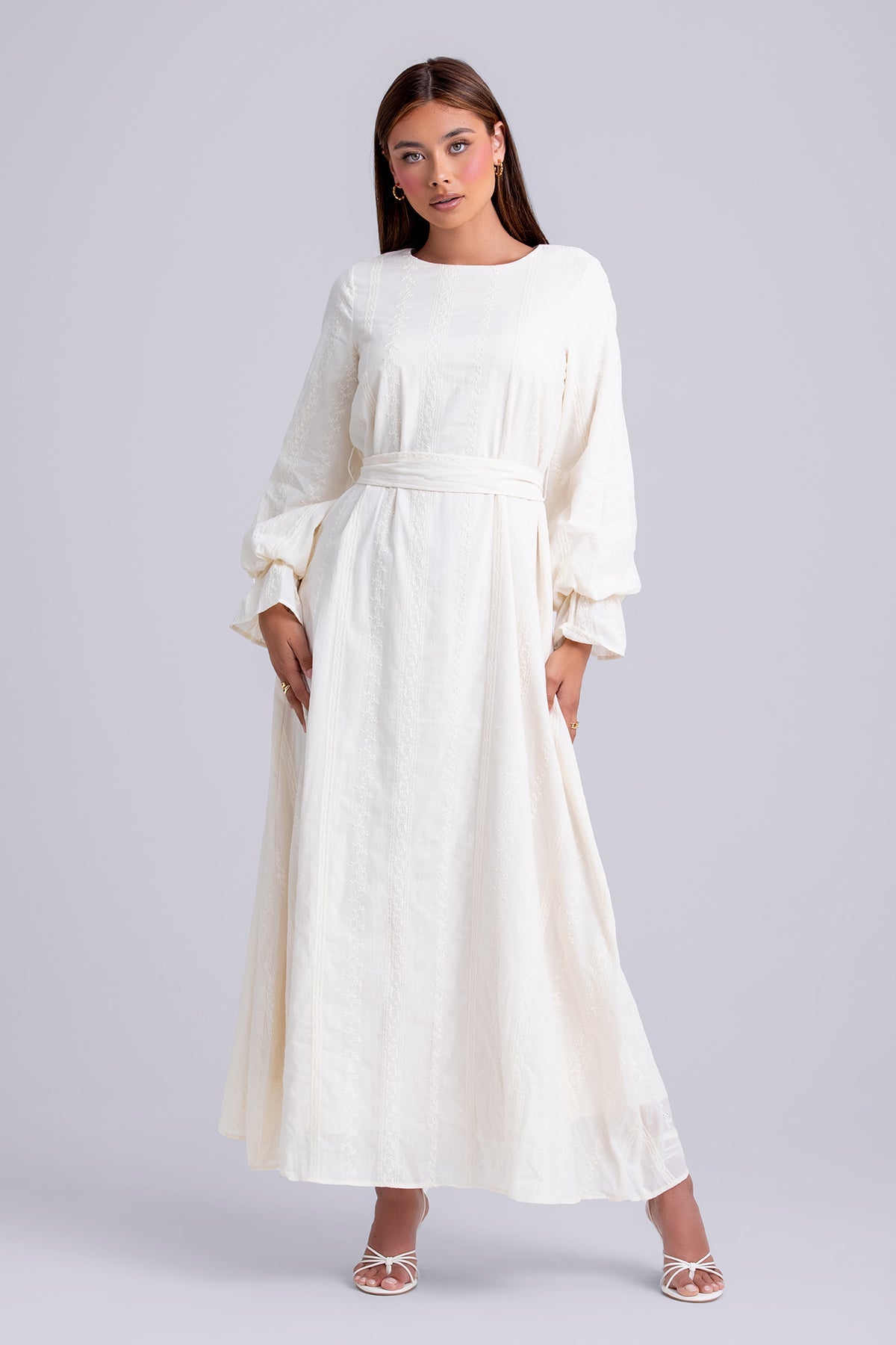 Naya Long Sleeve Tie Waist Maxi Dress- Cream