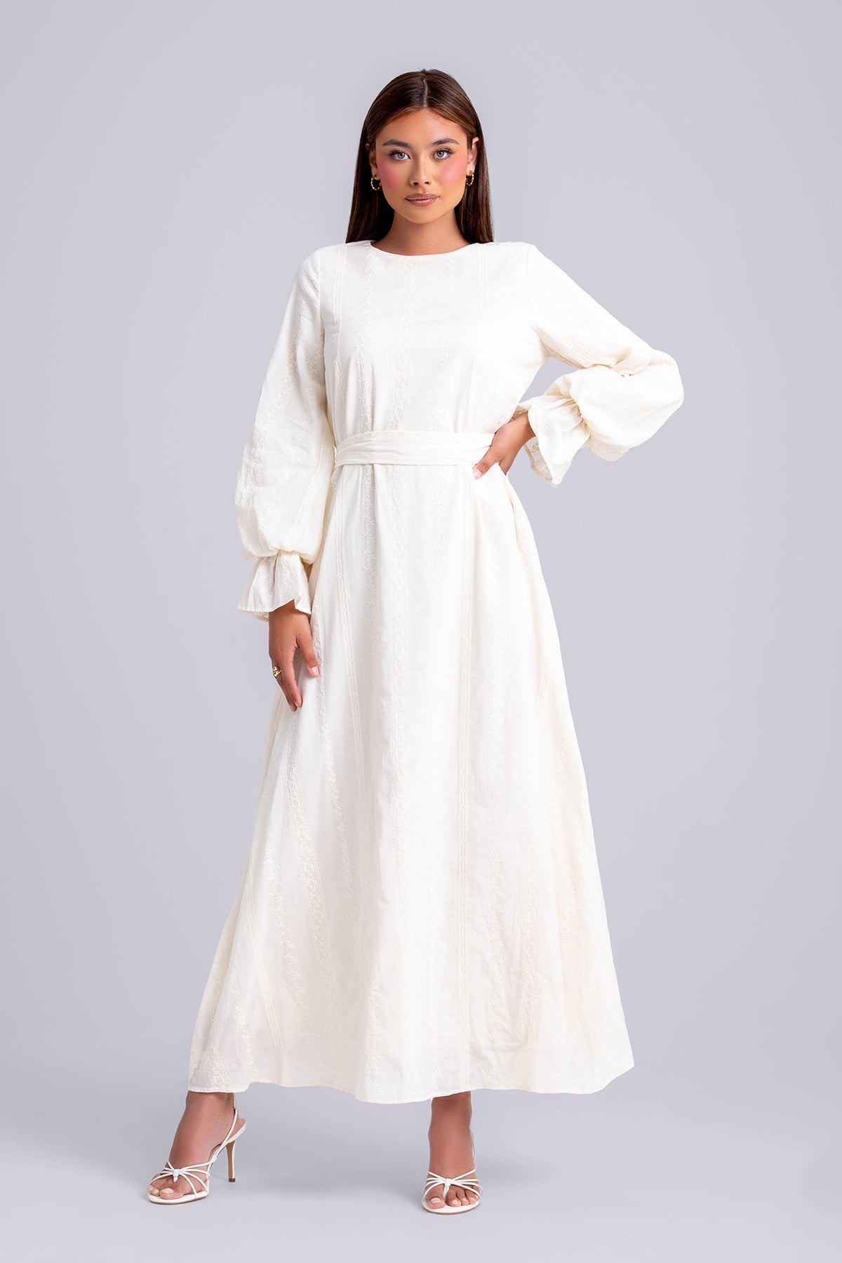 Naya Long Sleeve Tie Waist Maxi Dress- Cream