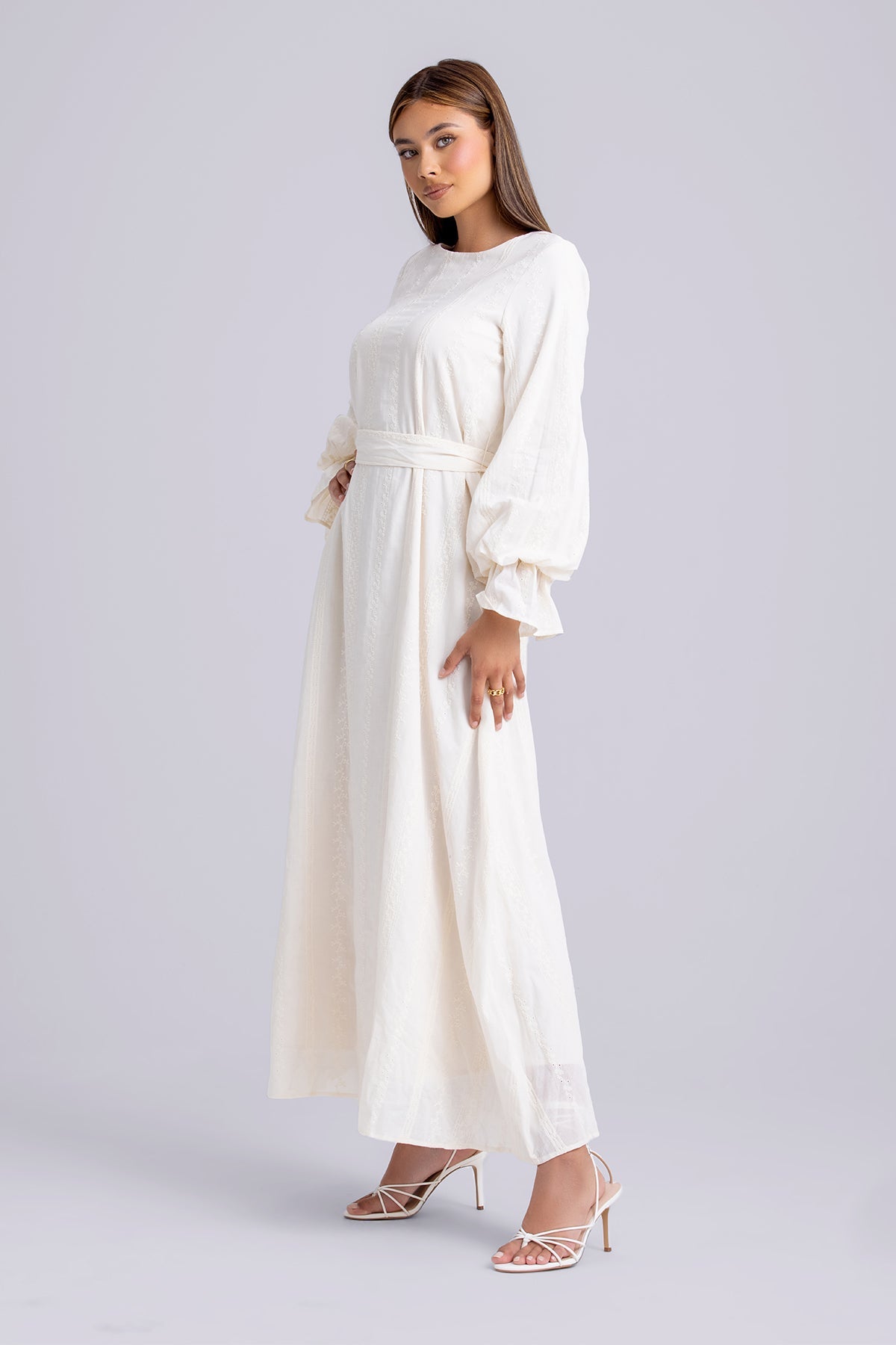 Naya Long Sleeve Tie Waist Maxi Dress- Cream