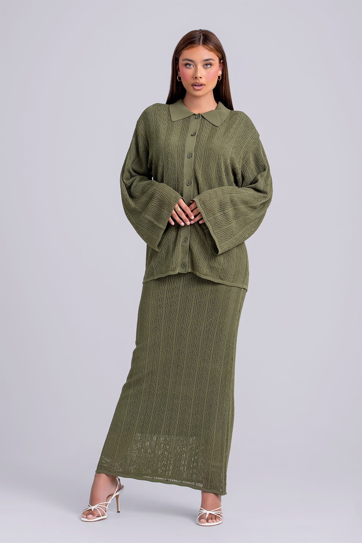 Oula Crochet Top & Maxi Skirt Set- Olive