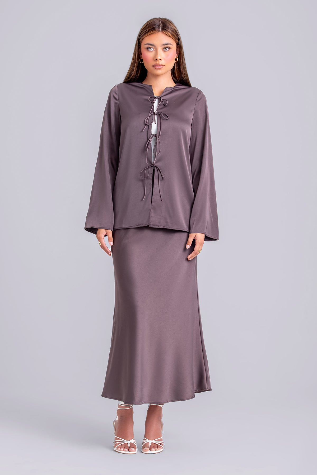 Layan Satin Top and Maxi Skirt Set- Chestnut