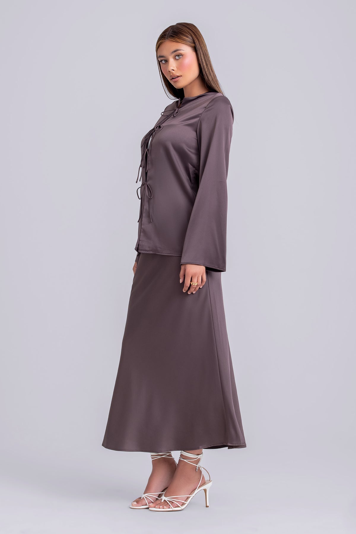 Layan Satin Top and Maxi Skirt Set- Chestnut