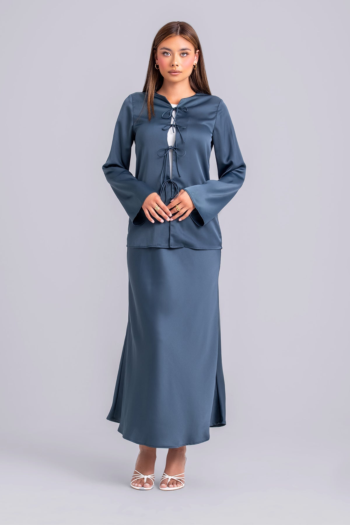 Layan Satin Top and Maxi Skirt Set- Teal