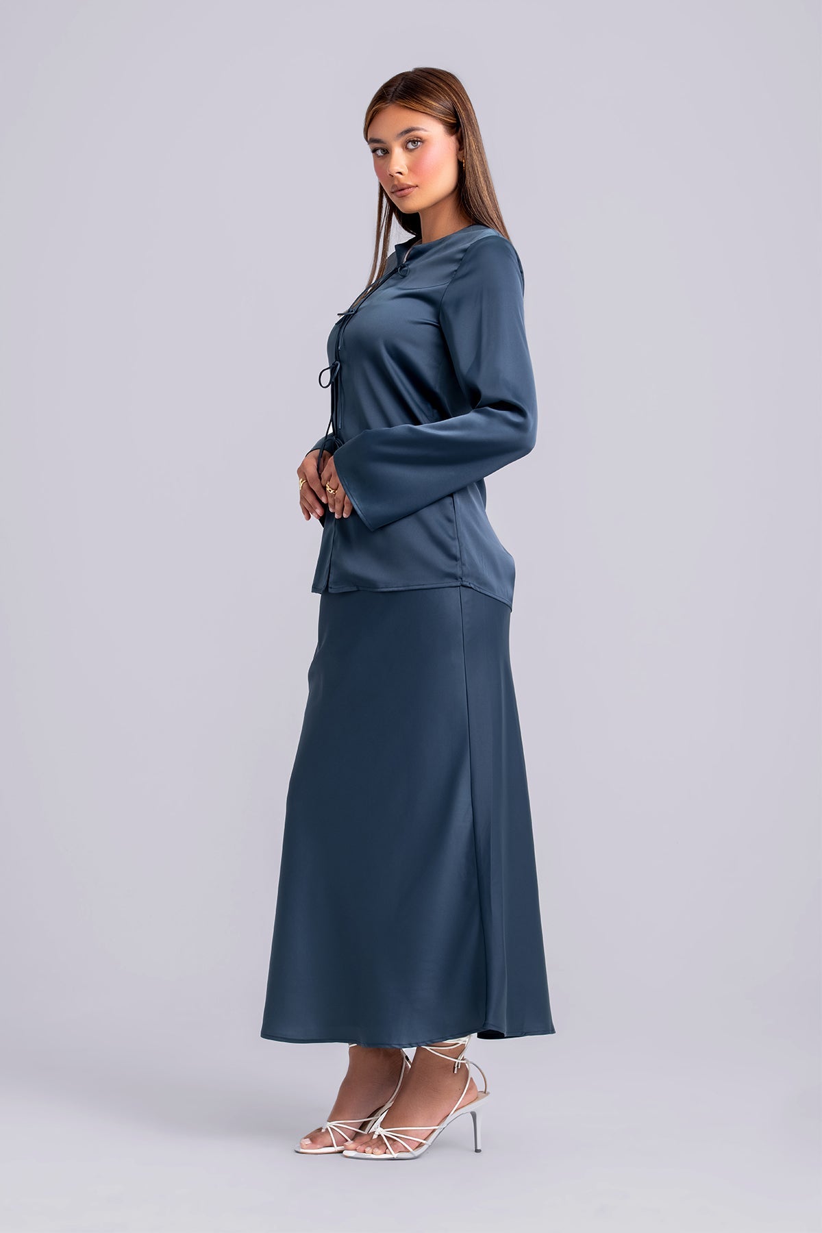 Layan Satin Top and Maxi Skirt Set- Teal