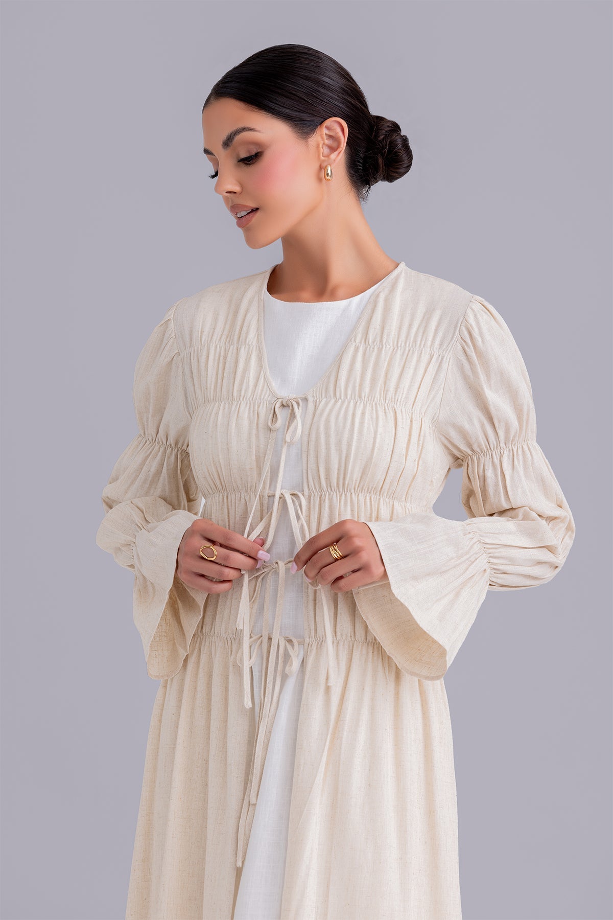 Asma Linen Abaya Set - Linen Cream