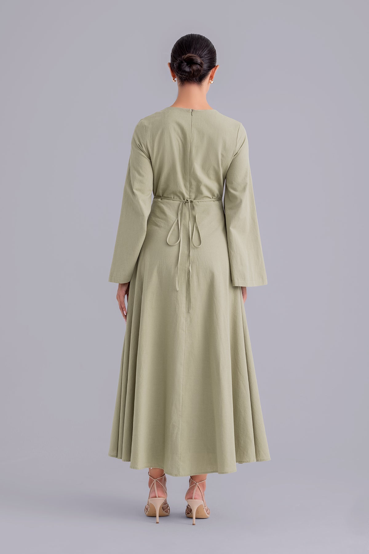 Yasamine Long Sleeve Linen Dress - Sage