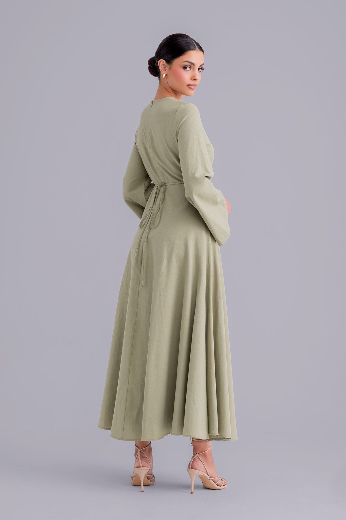 Yasamine Long Sleeve Linen Dress - Sage