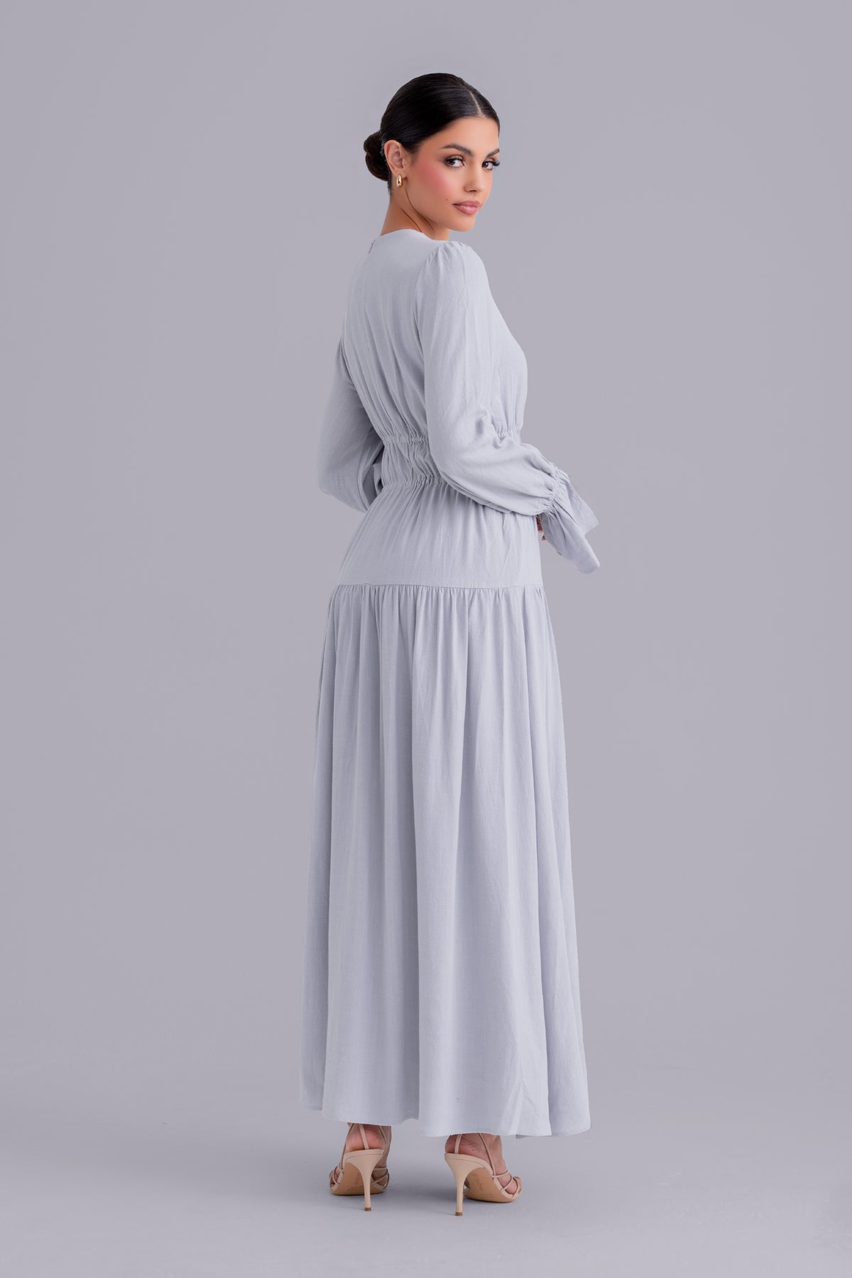 Liliana Long Sleeve Linen Maxi Dress - Powder