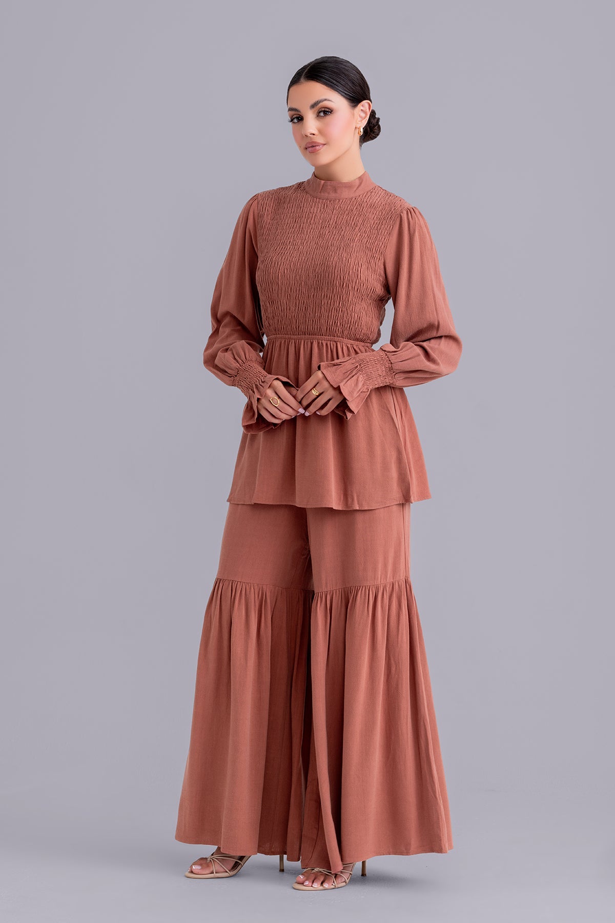 Krina Linen Smock Pant and Top Set - Spice