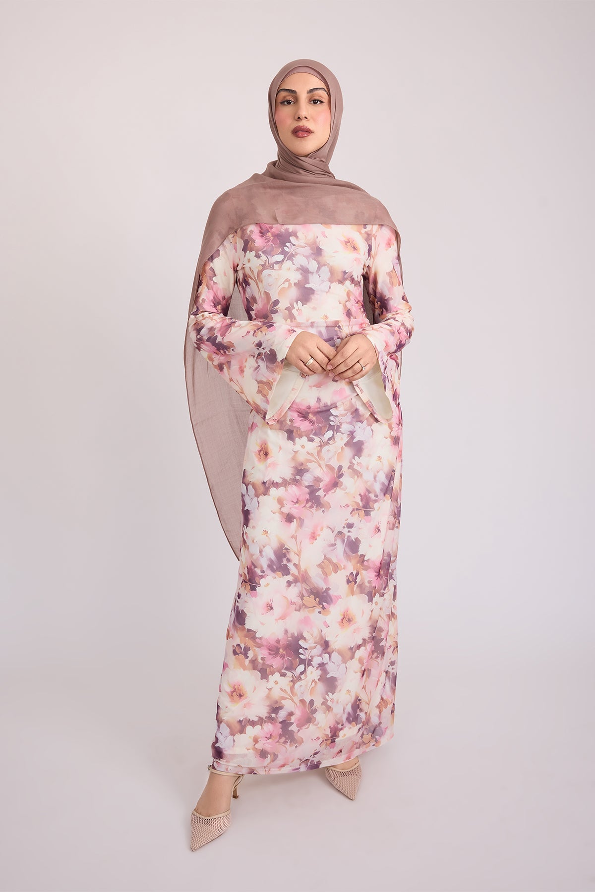 Tatiana Synched Satin Maxi Bell Sleeve - Floral Garden