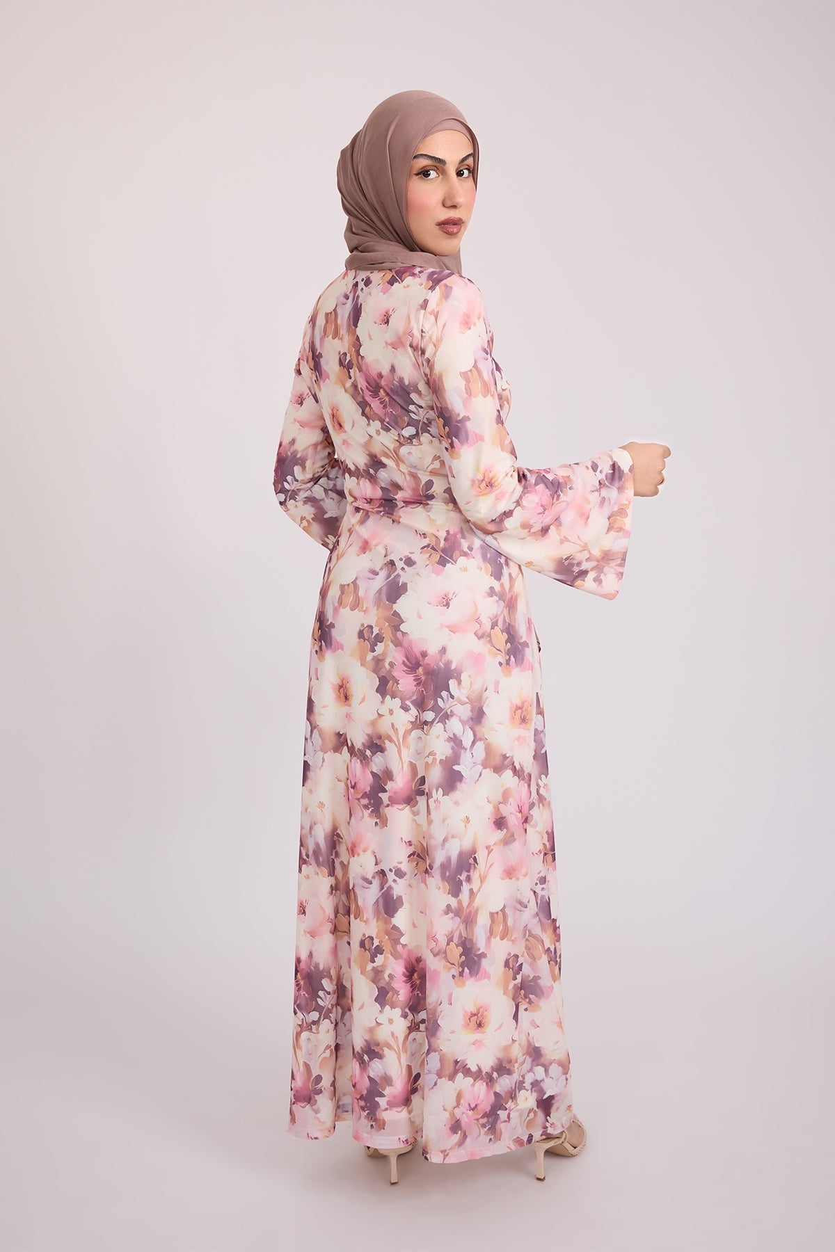 Tatiana Synched Satin Maxi Bell Sleeve - Floral Garden