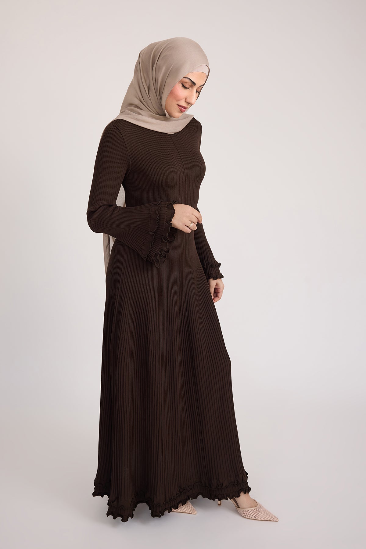 Isadora Ruffle Knit Long Sleeve Maxi Dress- Brown