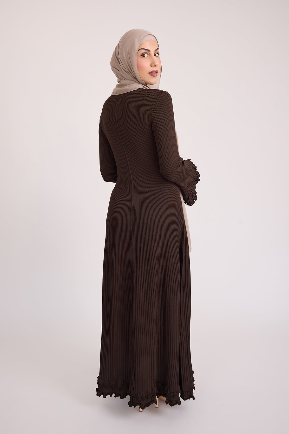 Isadora Ruffle Knit Long Sleeve Maxi Dress- Brown