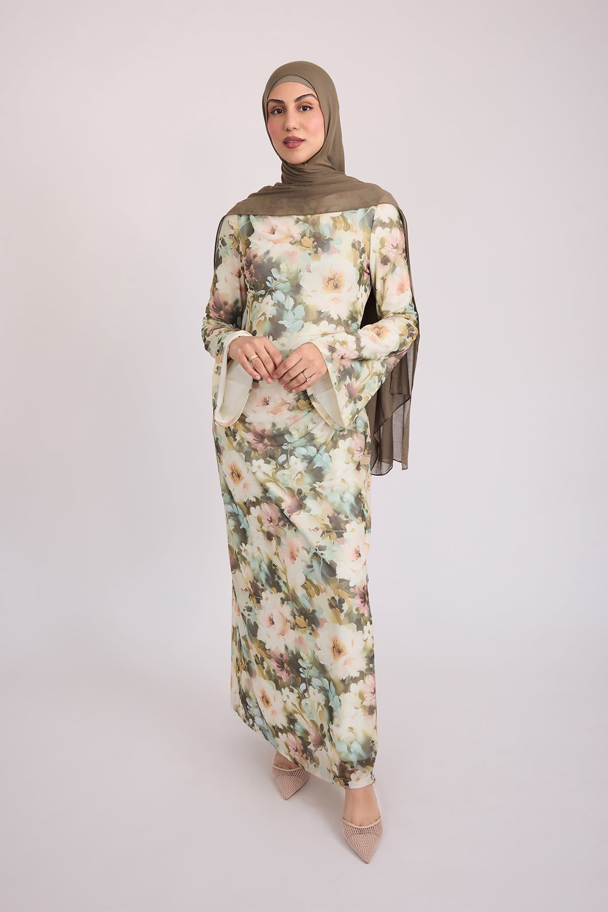 Tatiana Synched Satin Maxi Bell Sleeve - Sage Garden