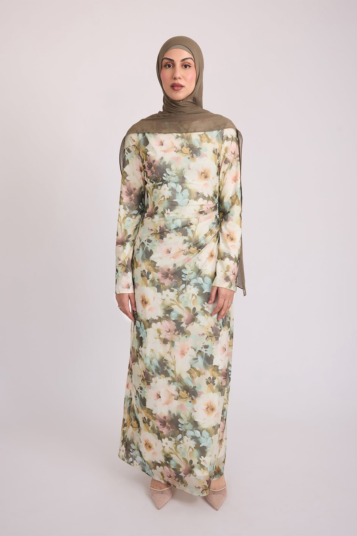 Tatiana Synched Satin Maxi Bell Sleeve - Sage Garden