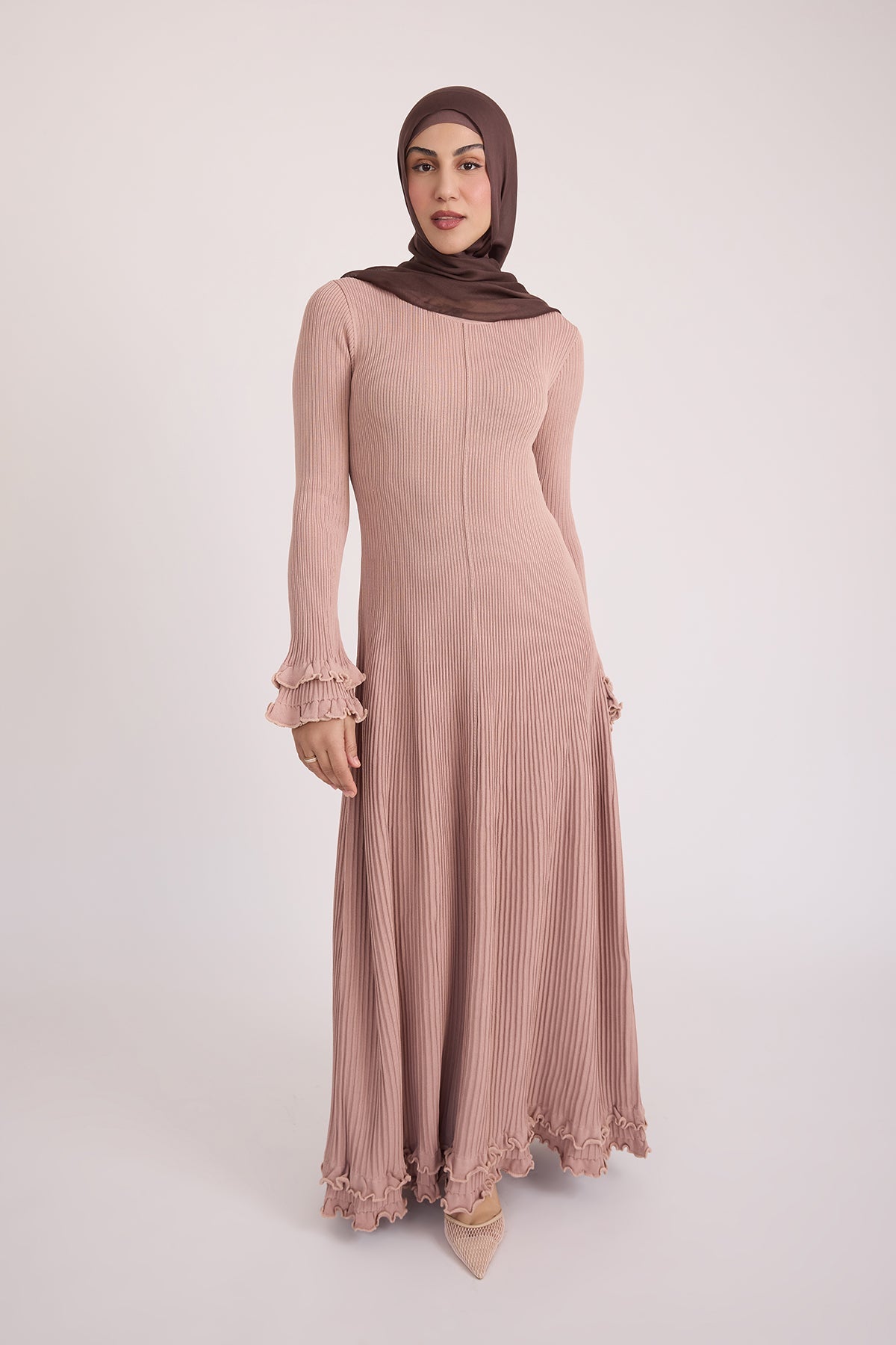 Isadora Ruffle Knit Long Sleeve Maxi Dress- Blush