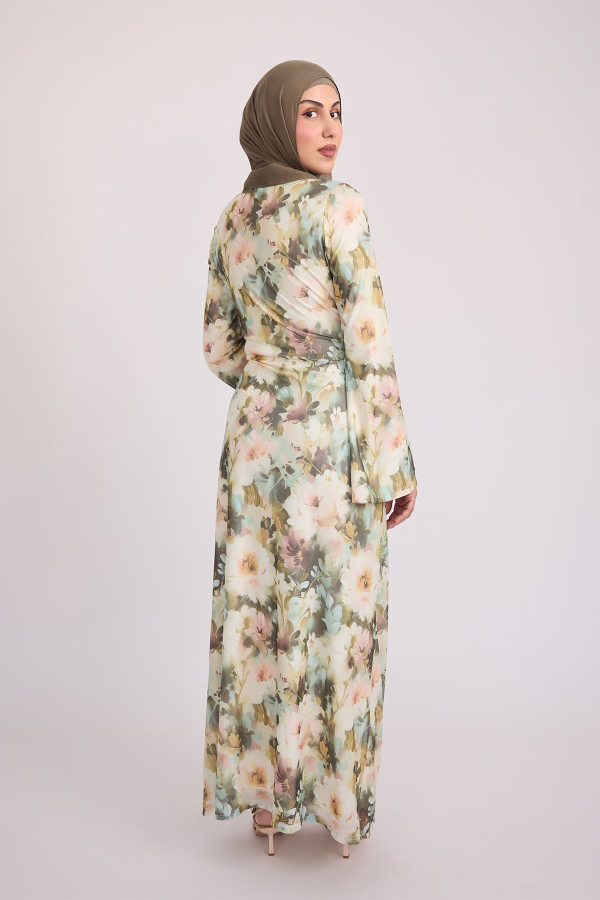 Tatiana Synched Satin Maxi Bell Sleeve - Sage Garden