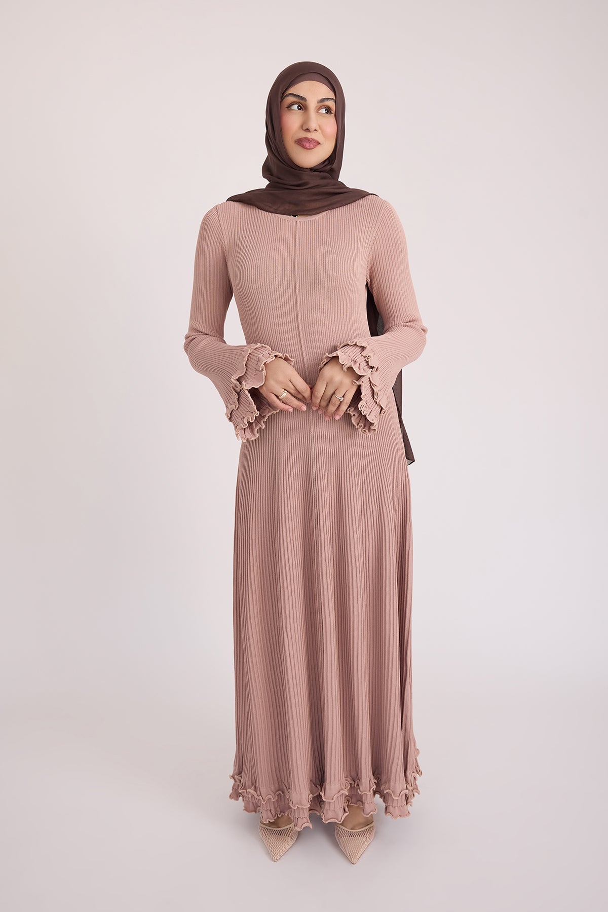 Isadora Ruffle Knit Long Sleeve Maxi Dress- Blush