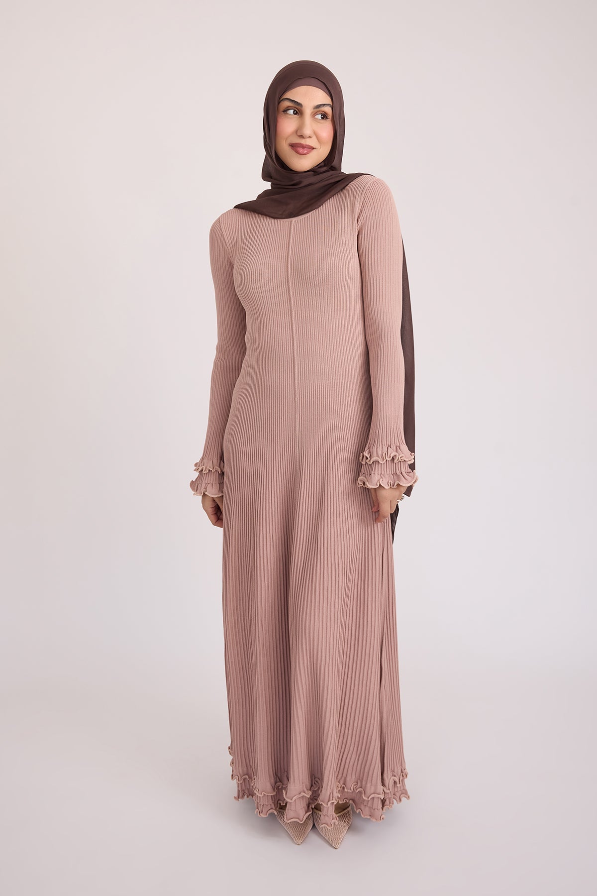 Isadora Ruffle Knit Long Sleeve Maxi Dress- Blush