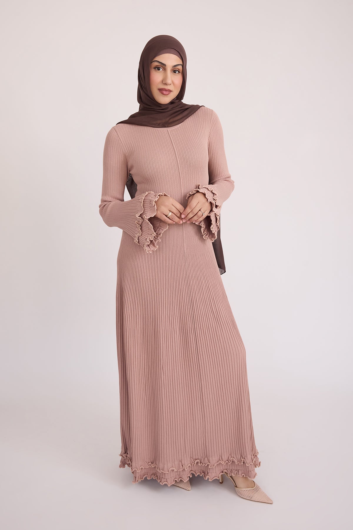 Isadora Ruffle Knit Long Sleeve Maxi Dress- Blush