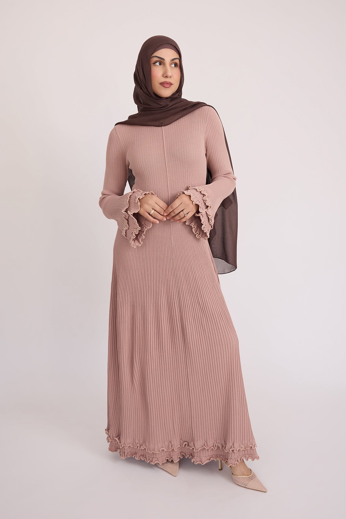 Isadora Ruffle Knit Long Sleeve Maxi Dress- Blush