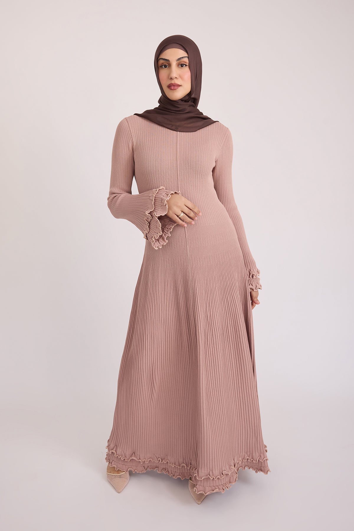 Isadora Ruffle Knit Long Sleeve Maxi Dress- Blush