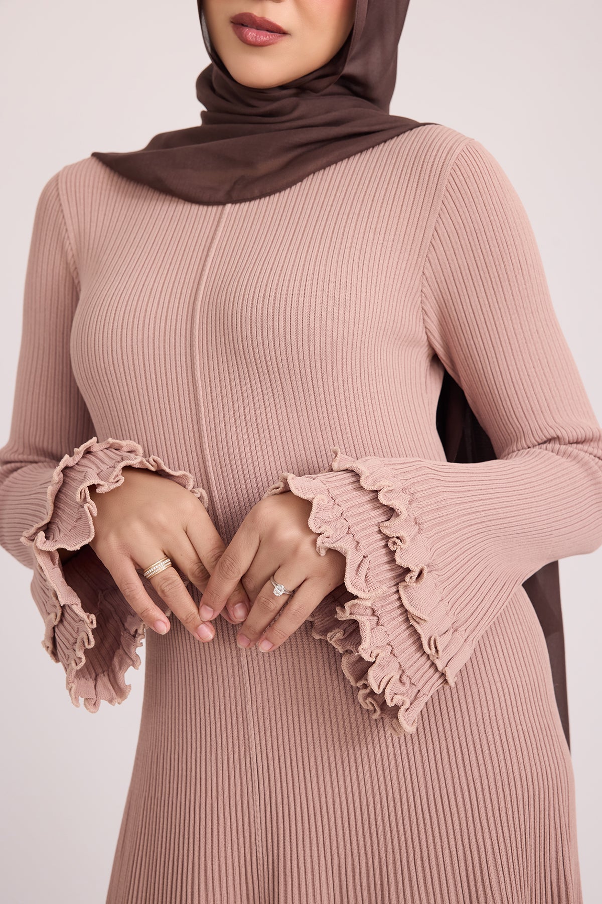 Isadora Ruffle Knit Long Sleeve Maxi Dress- Blush