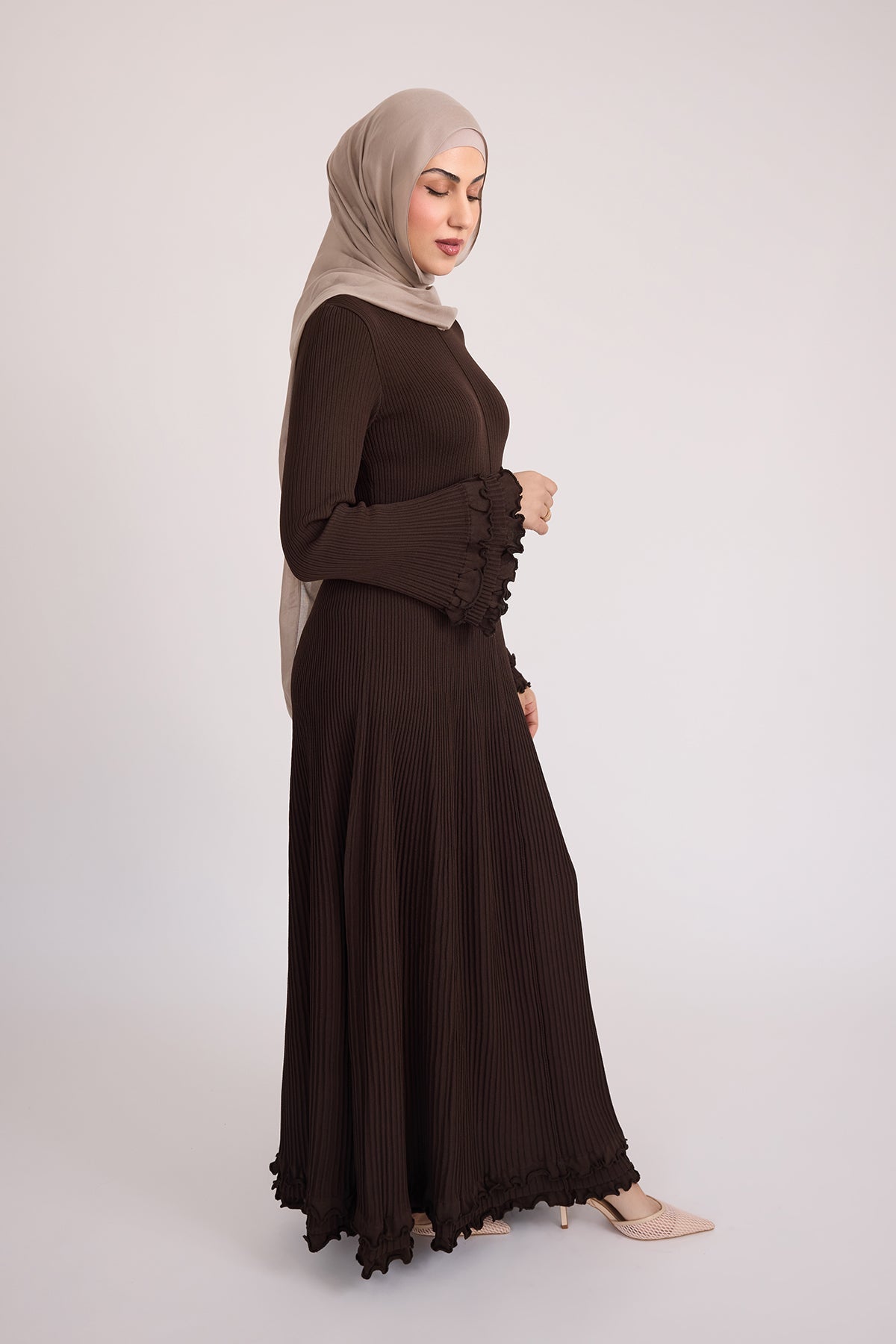 Isadora Ruffle Knit Long Sleeve Maxi Dress- Brown