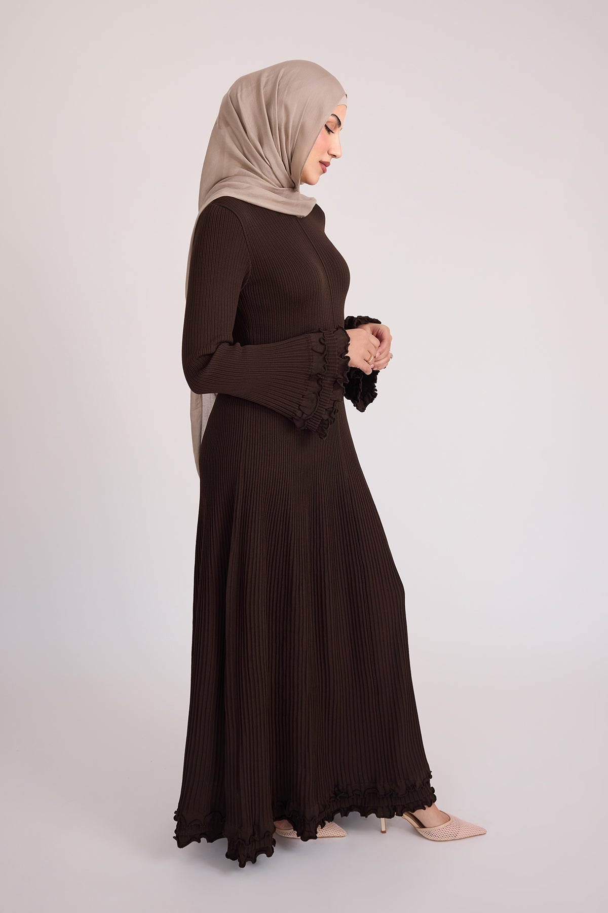 Isadora Ruffle Knit Long Sleeve Maxi Dress- Brown