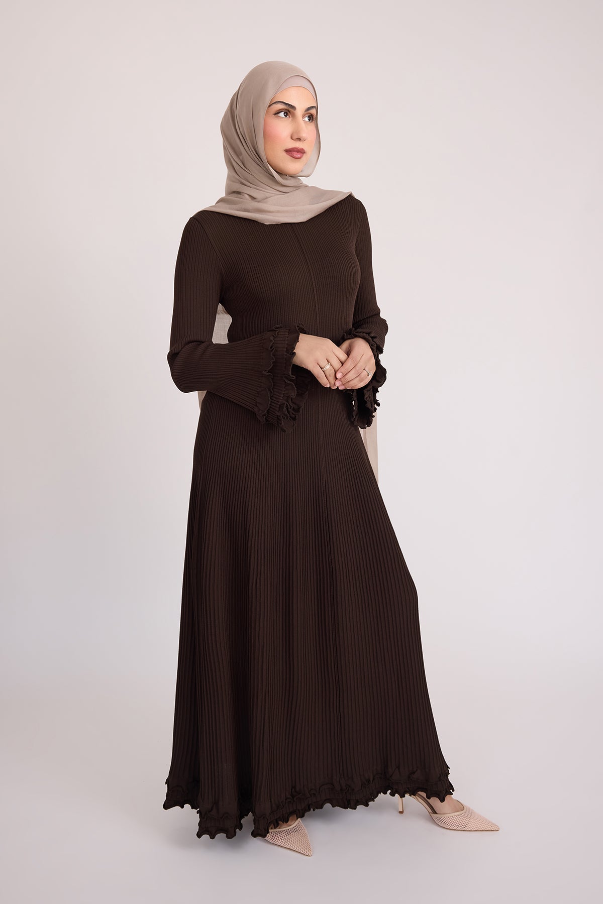 Isadora Ruffle Knit Long Sleeve Maxi Dress- Brown