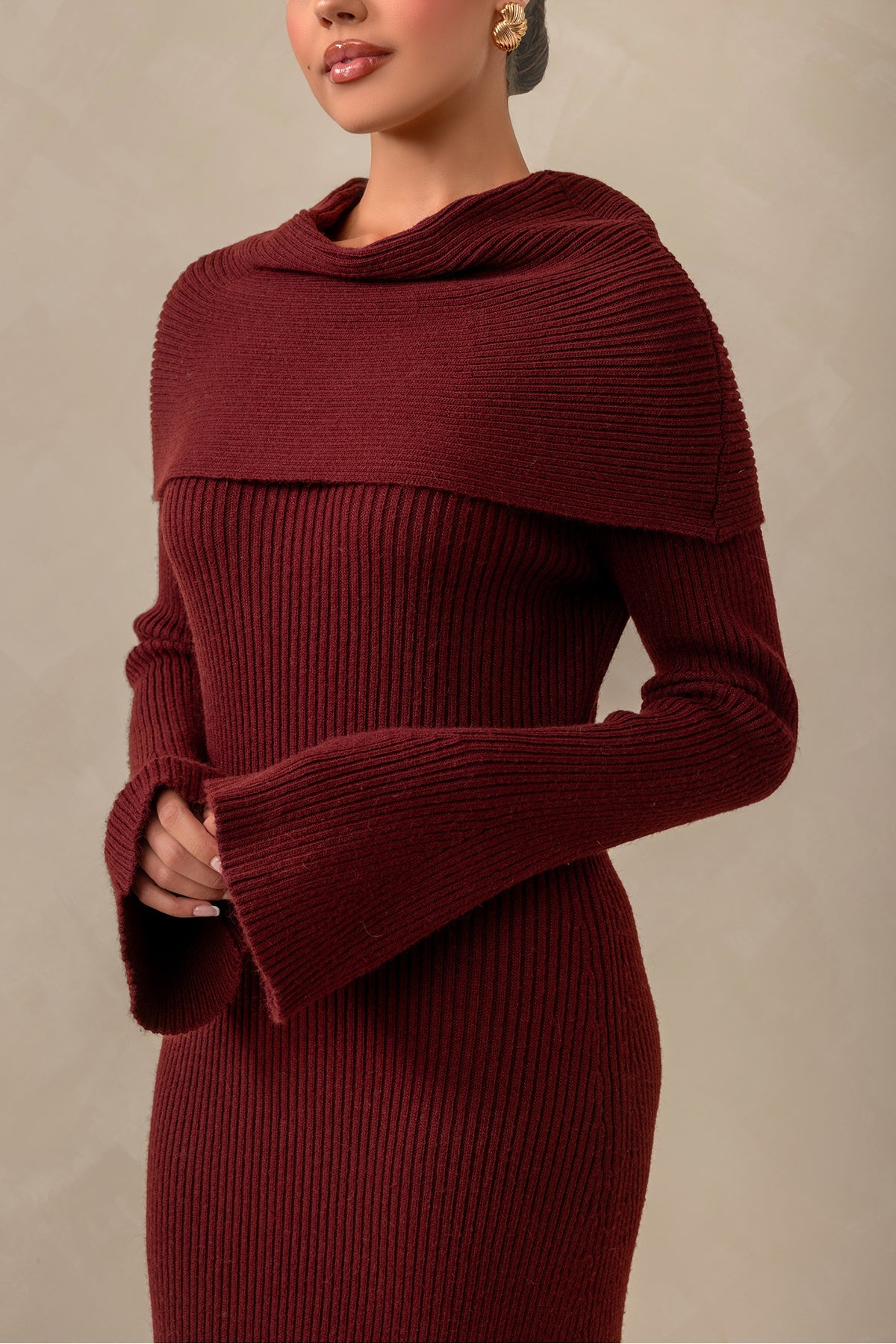 Cassandra Over the Shoulder Knit Dress - Burgundy