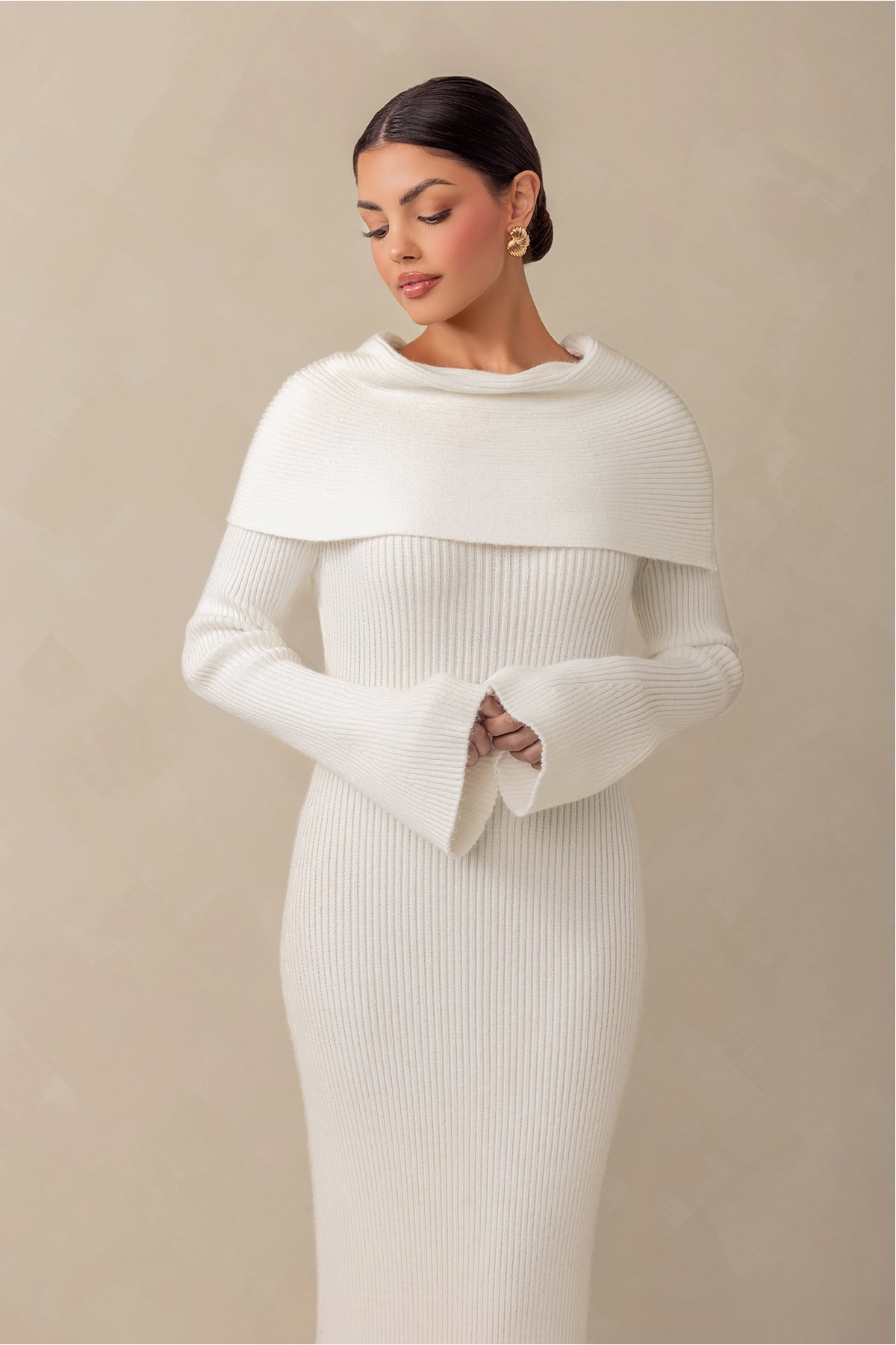 Cassandra Over the Shoulder Knit Dress - Cream