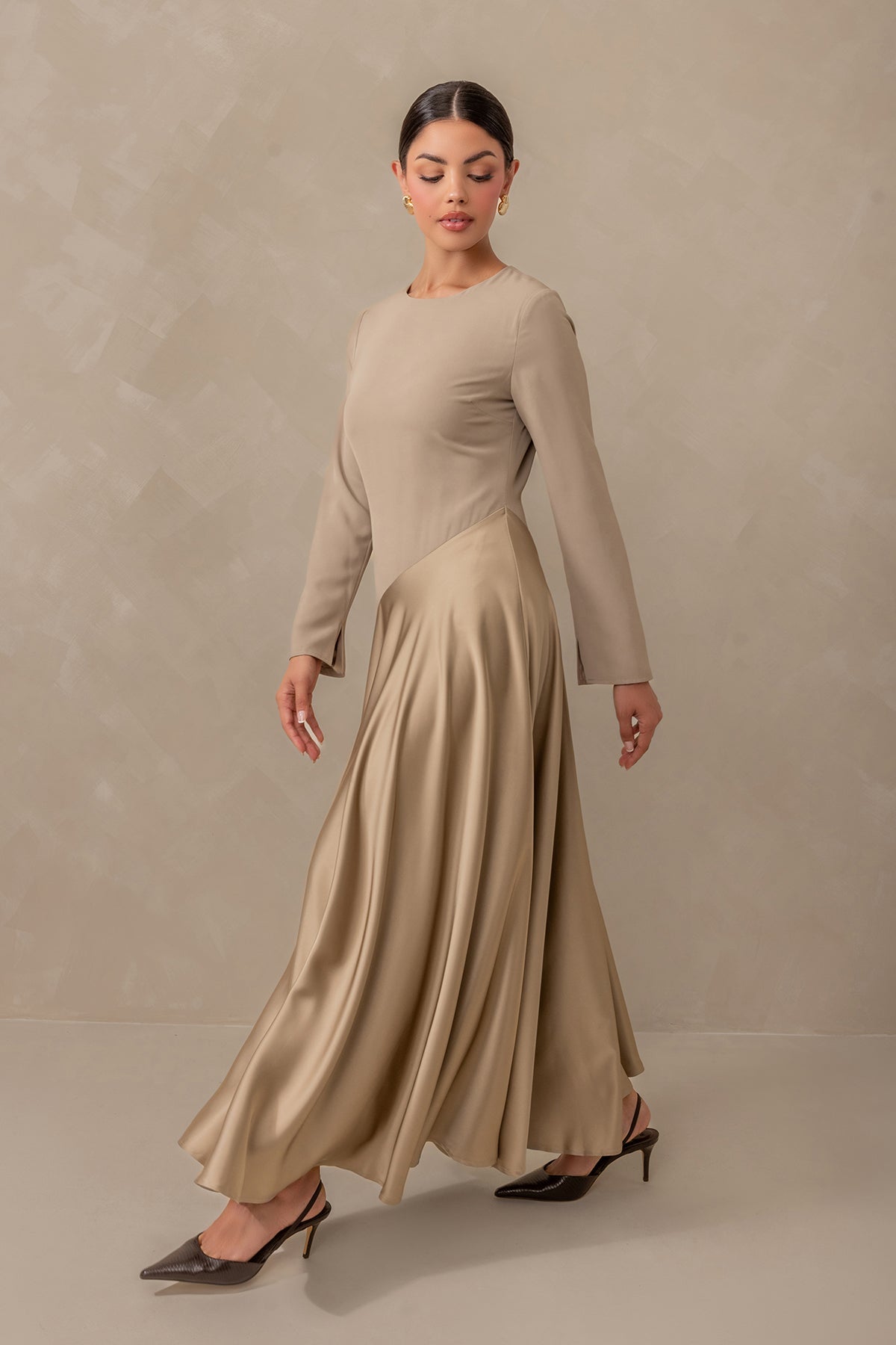 Anastasia Asymmetric Long Sleeve Maxi Dress - Taupe