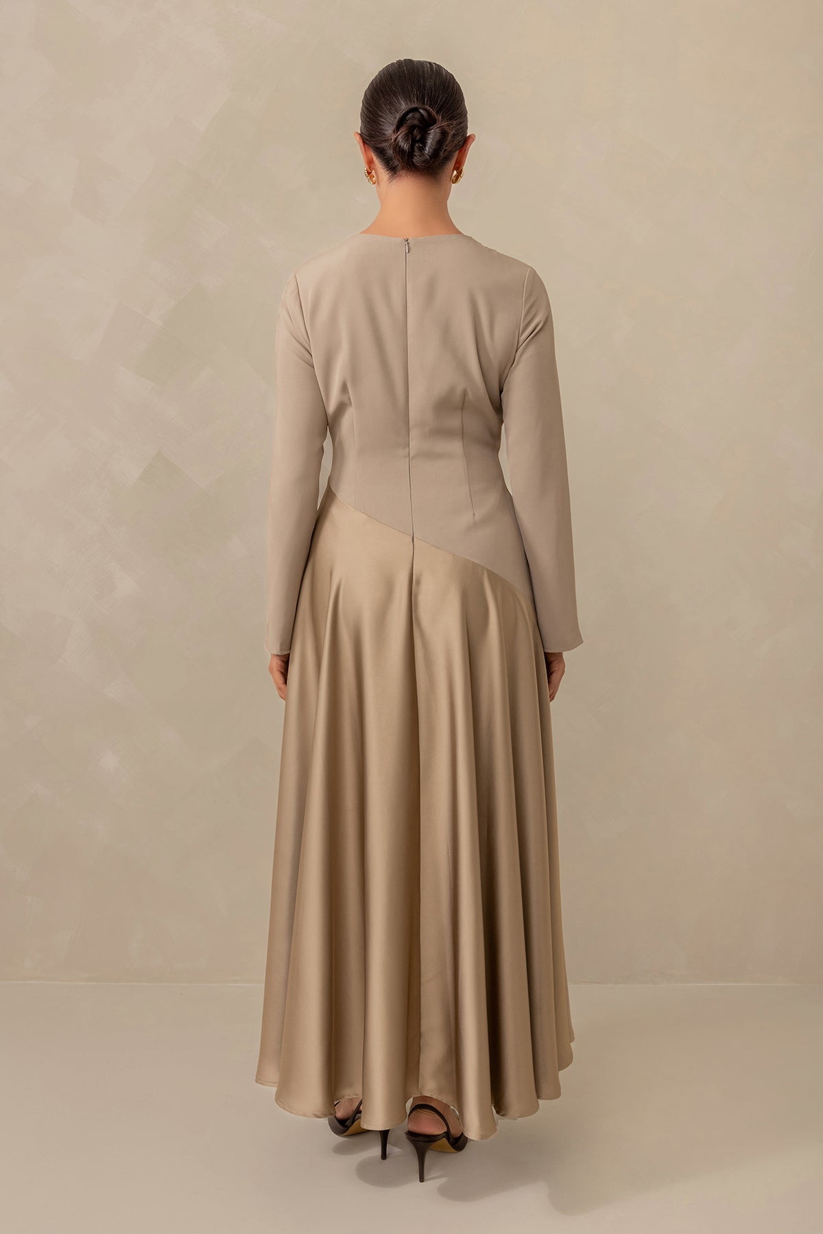 Anastasia Asymmetric Long Sleeve Maxi Dress - Taupe