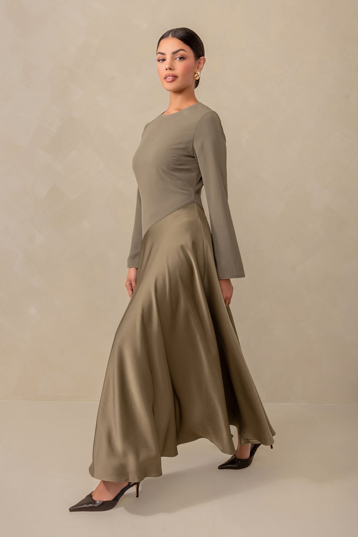 Anastasia Asymmetric Long Sleeve Maxi Dress - Olive