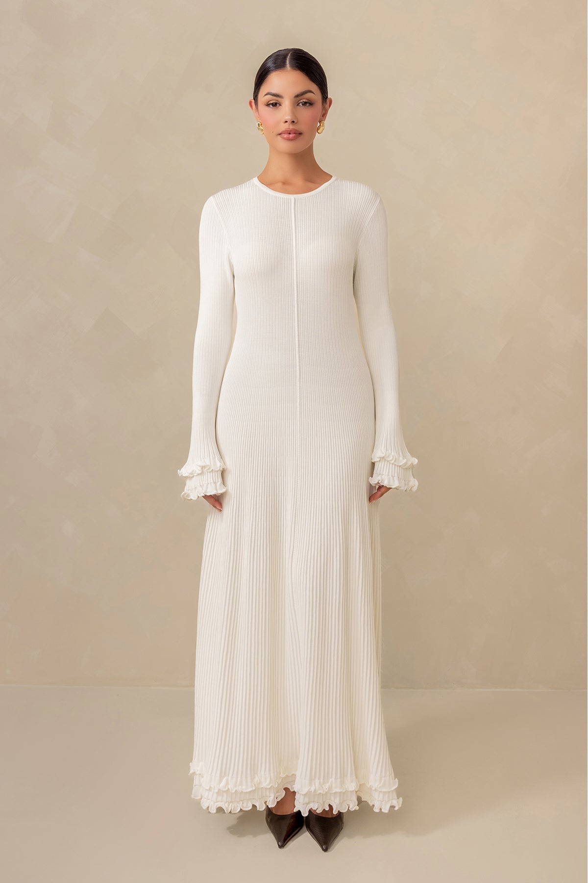 Isadora Ruffle Knit Long Sleeve Maxi Dress - Cream