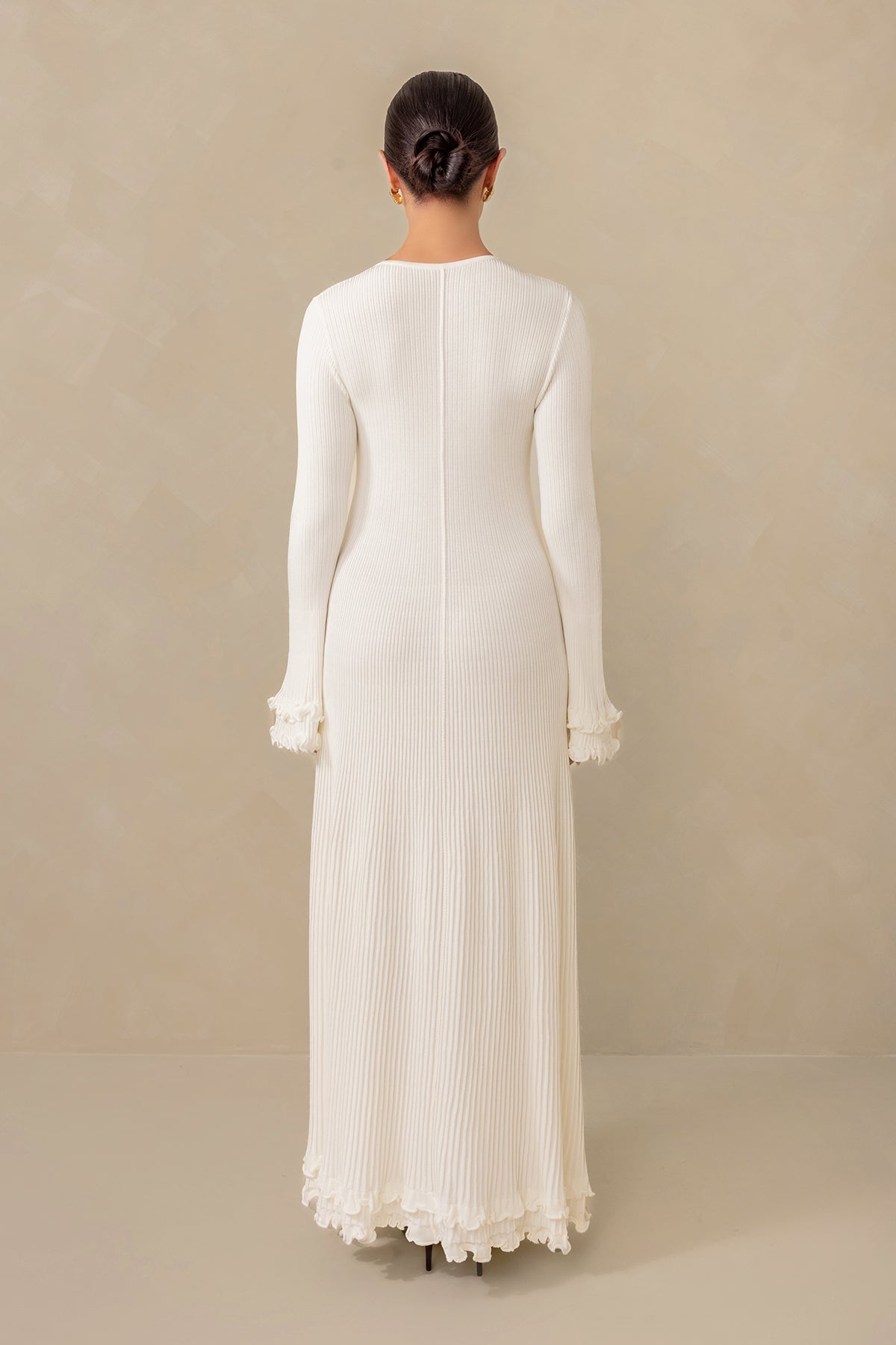 Isadora Ruffle Knit Long Sleeve Maxi Dress - Cream