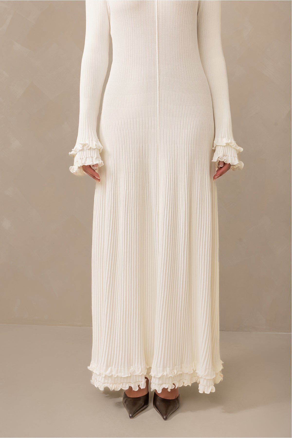 Isadora Ruffle Knit Long Sleeve Maxi Dress - Cream