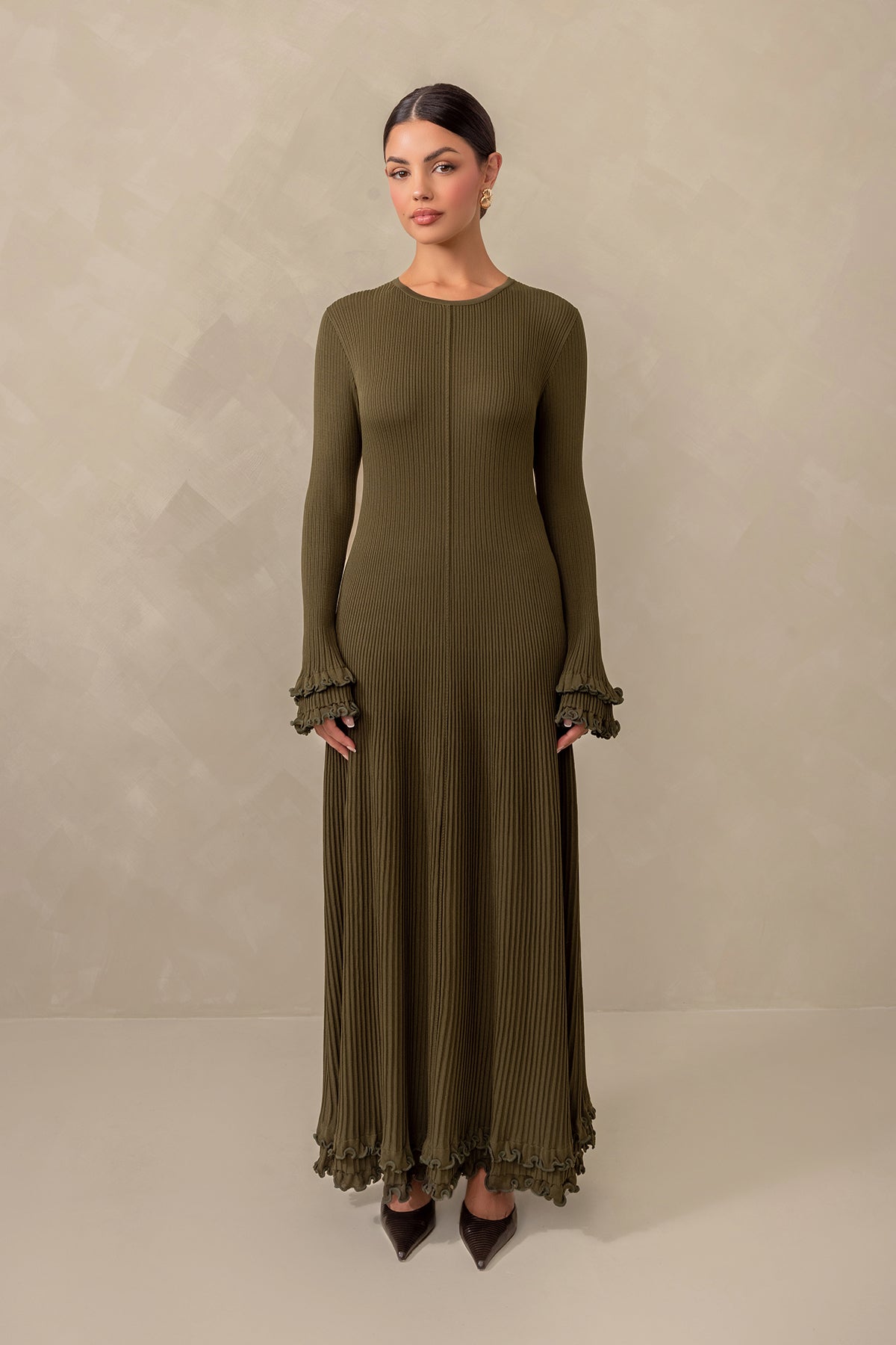 Isadora Ruffle Knit Long Sleeve Maxi Dress - Olive