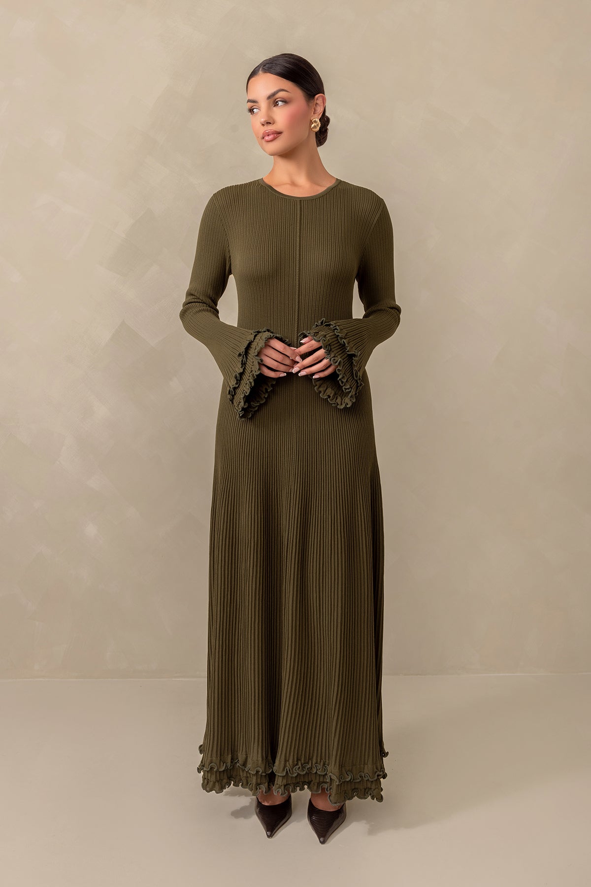 Isadora Ruffle Knit Long Sleeve Maxi Dress - Olive