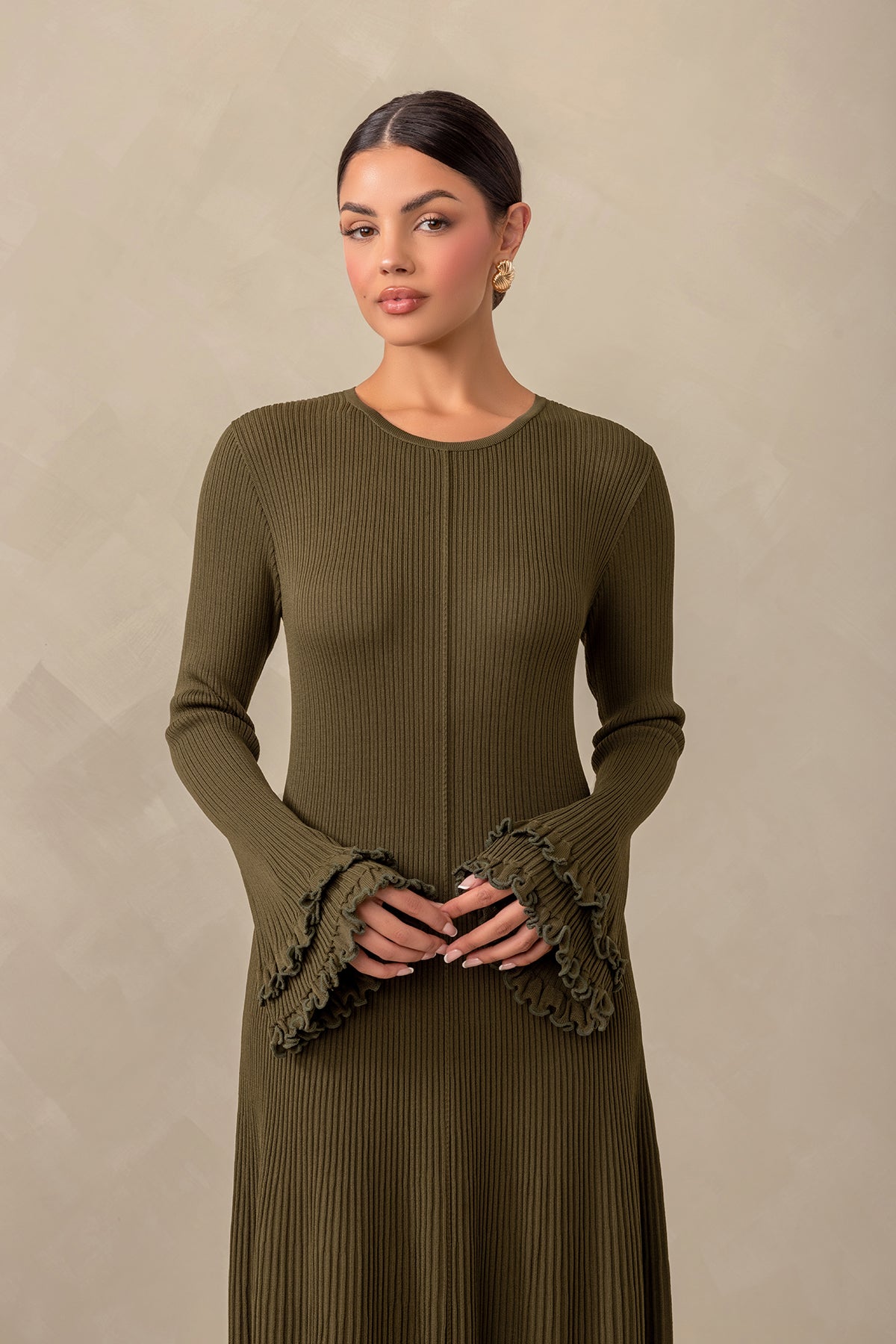 Isadora Ruffle Knit Long Sleeve Maxi Dress - Olive