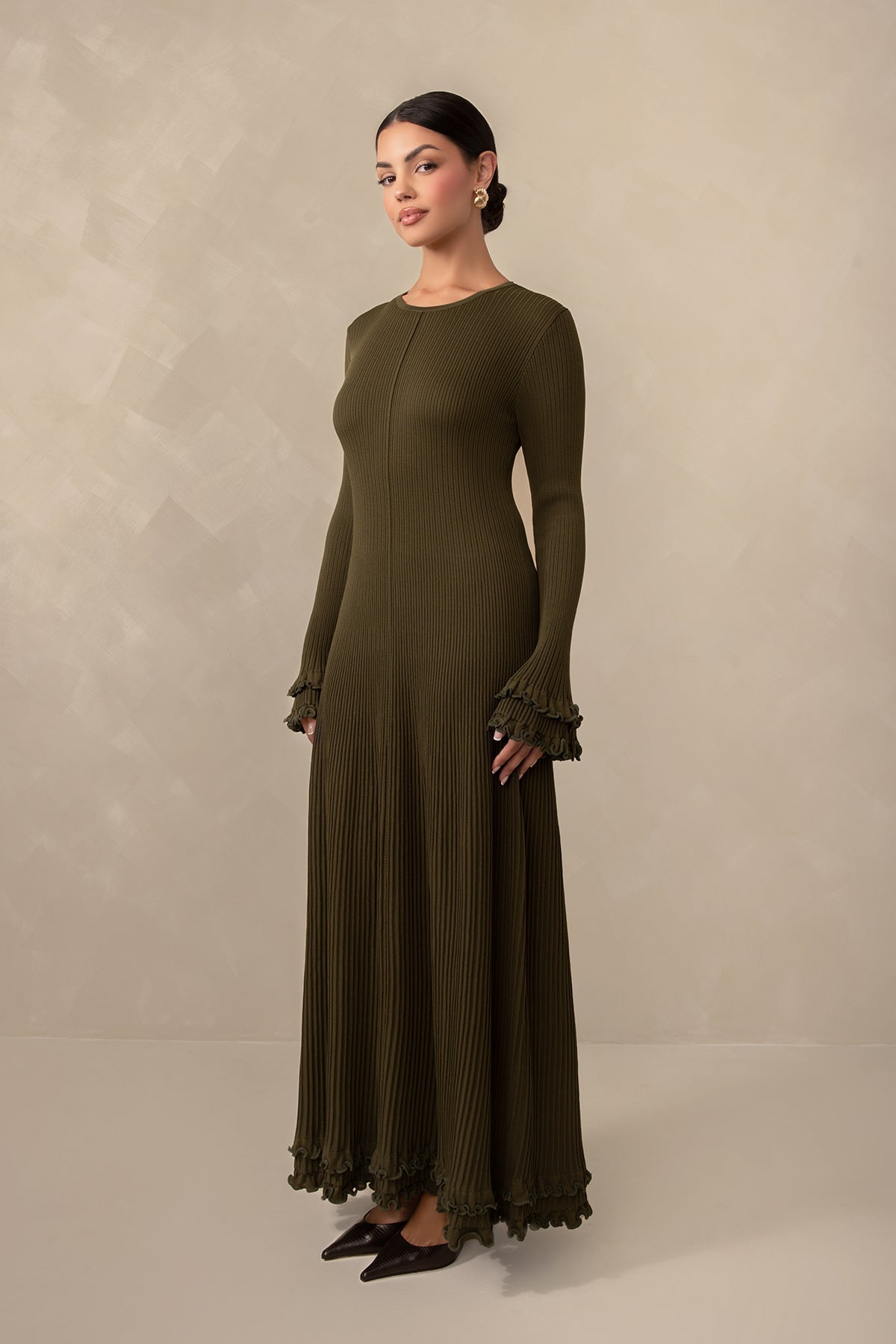 Isadora Ruffle Knit Long Sleeve Maxi Dress - Olive