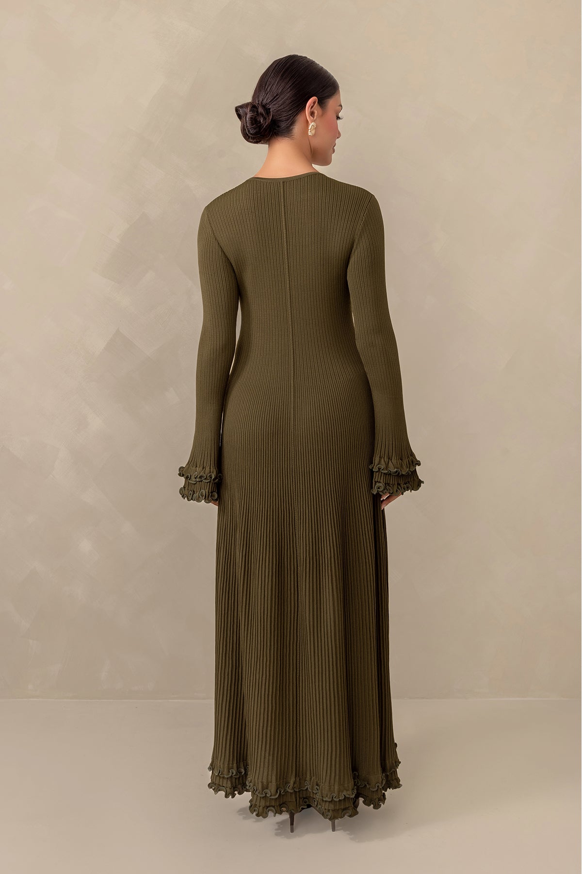 Isadora Ruffle Knit Long Sleeve Maxi Dress - Olive