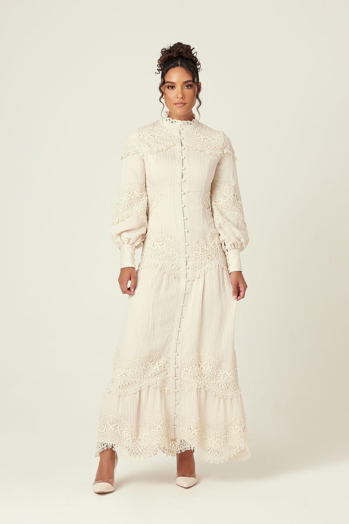 Amanda Lace Ribbed Cotton Maxi Dress - Cream - Zahraa The Label