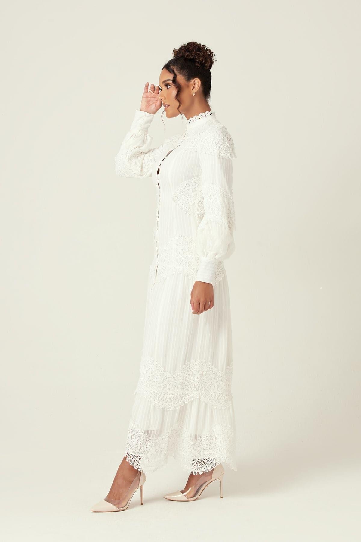 Amanda Lace Ribbed Cotton Maxi Dress - White - Zahraa The Label