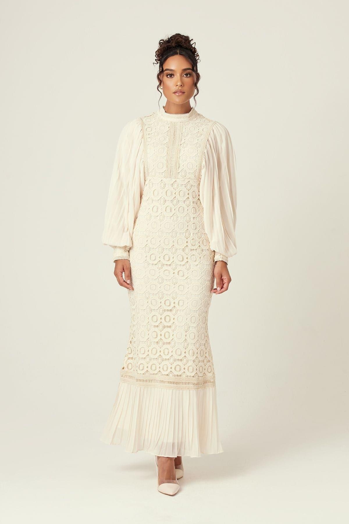 Nora Lace Pleated Chiffon Maxi Dress - Cream - Zahraa The Label