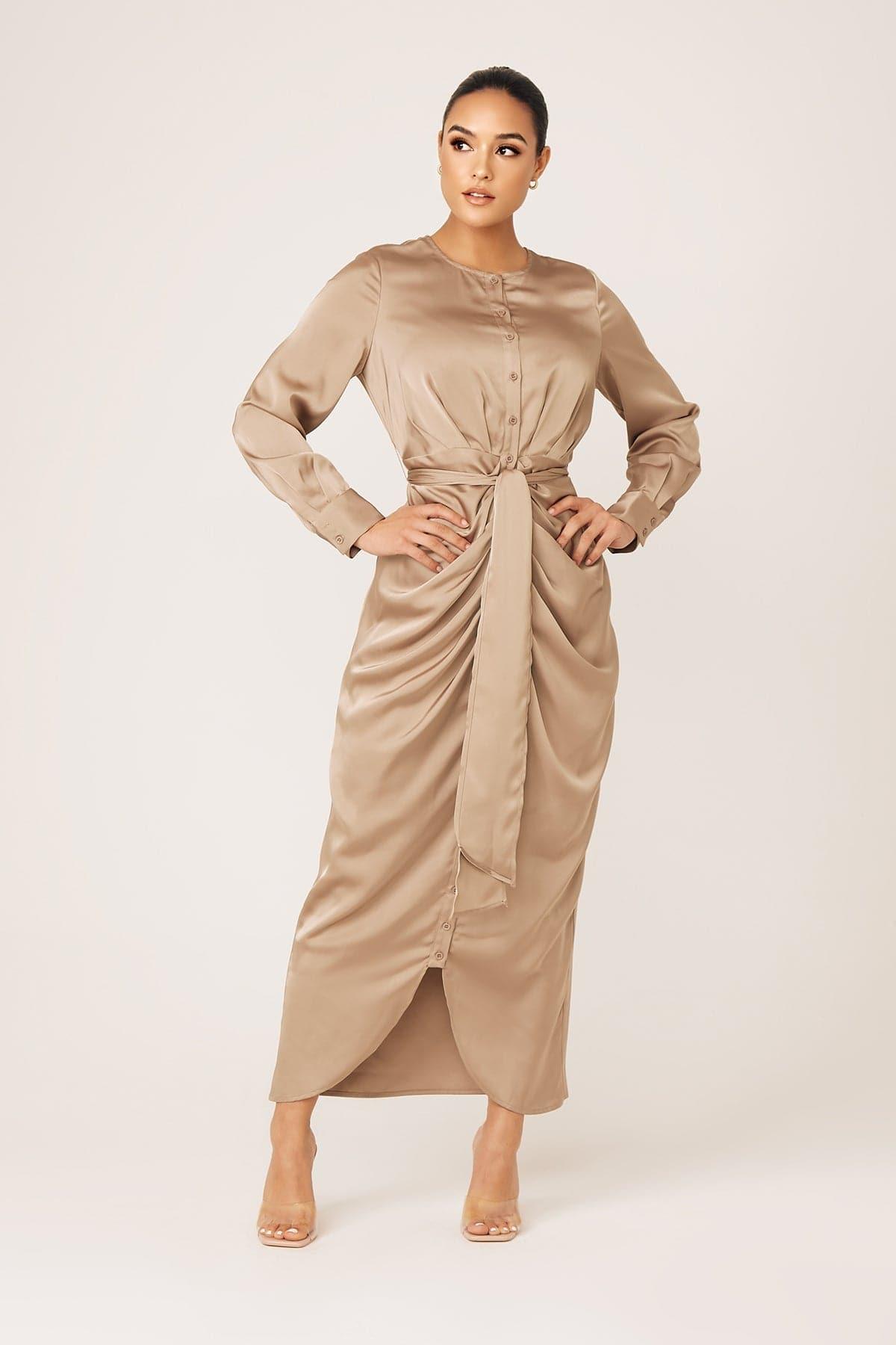 Thalia Ruched Tie Maxi Dres- Sand Dune - Zahraa The Label