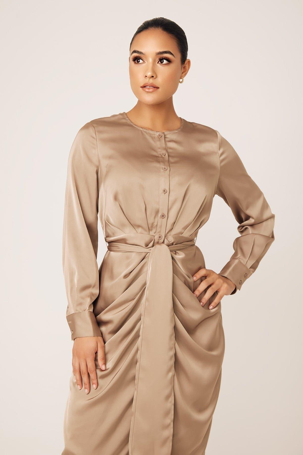 Thalia Ruched Tie Maxi Dres- Sand Dune - Zahraa The Label